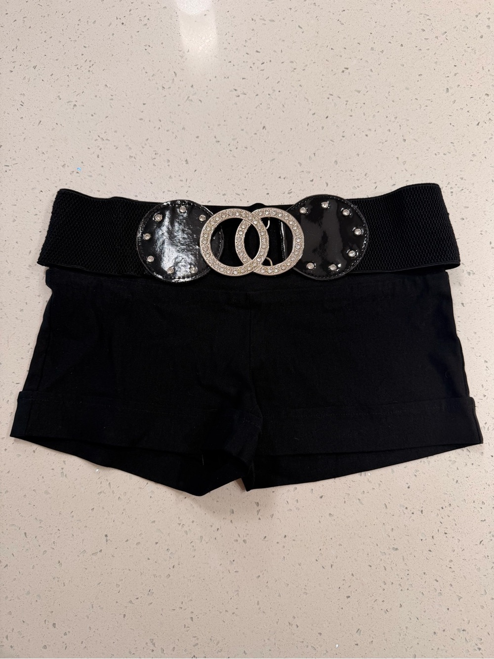Charlotte Russe Black Elastic Waist Belt with Rhinestone Double-Ring Buckle
